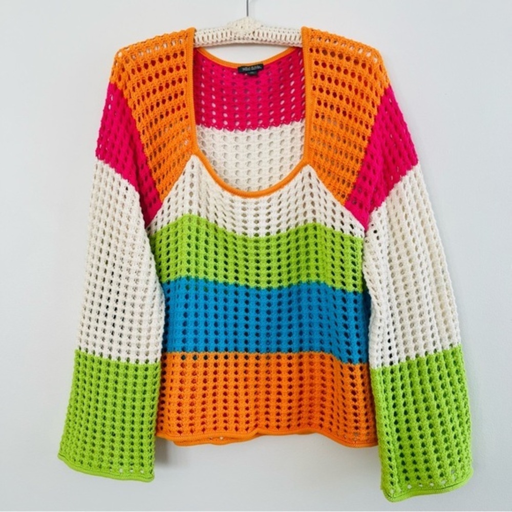 [Wild Fable] Crochet Square Neck Wide Sleeve Cotton Color Block Sweater